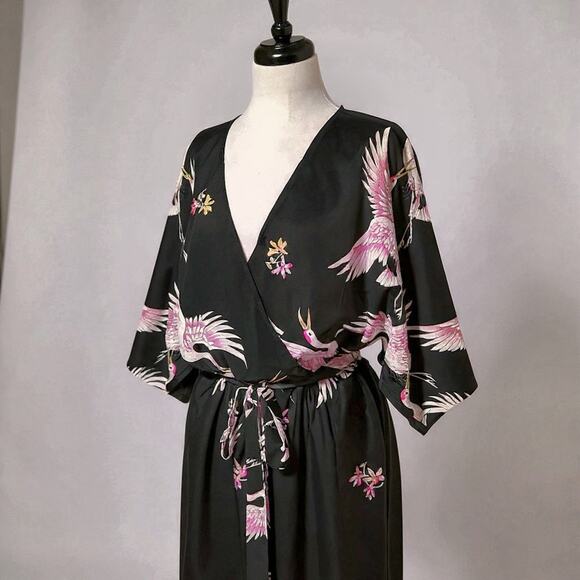 Luxe Blush and Black Blossom and Crane Print Kimono Style Junpsuit - Picture 2 of 4